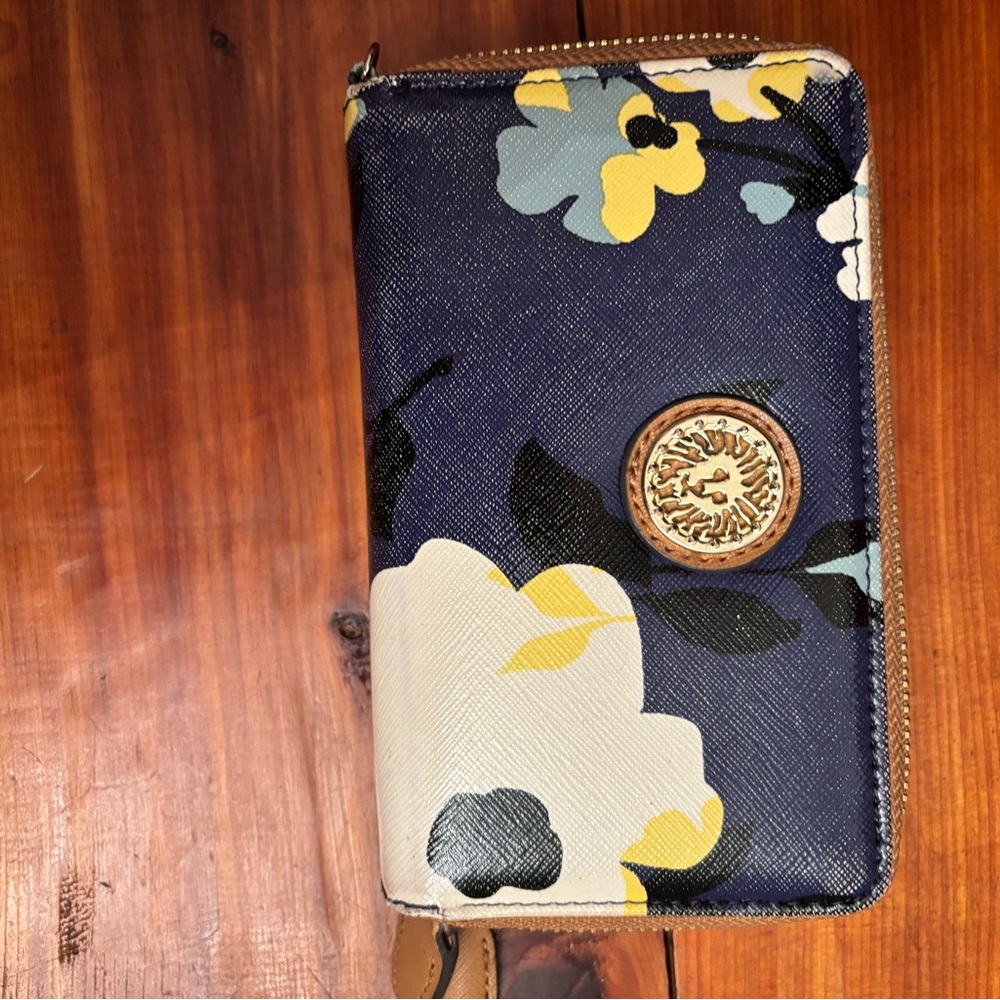 Anne Klein Blue and Yellow Floral Wallet with Gold Clasp